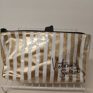 Victoria's Secret Gold & White Striped Cosmetic Bag